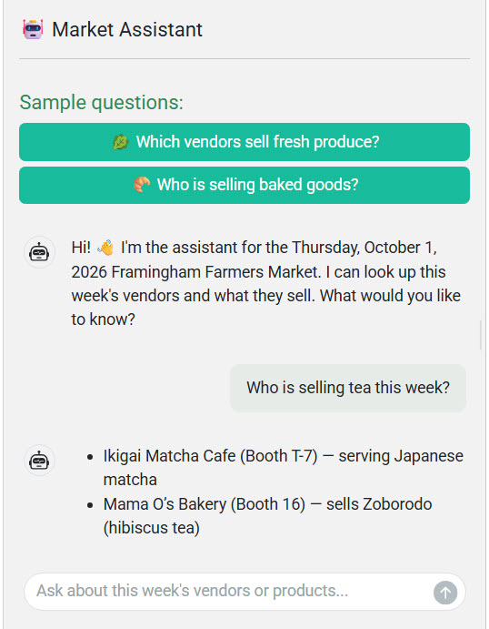 Screenshot of the Market Assistant chatbot answering the question about who is selling tea this week